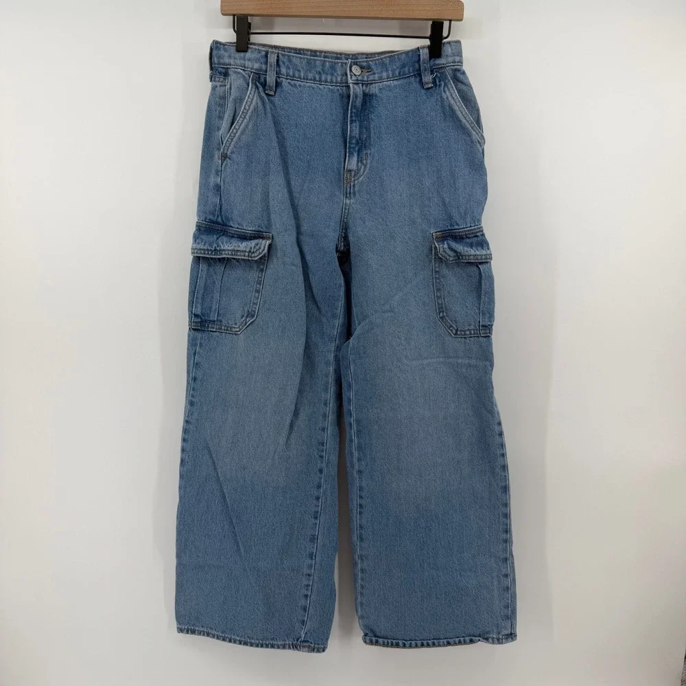 Old Navy Baggy Wide Leg Girls Size 18 Blue‎ High Rise Cargo Jeans